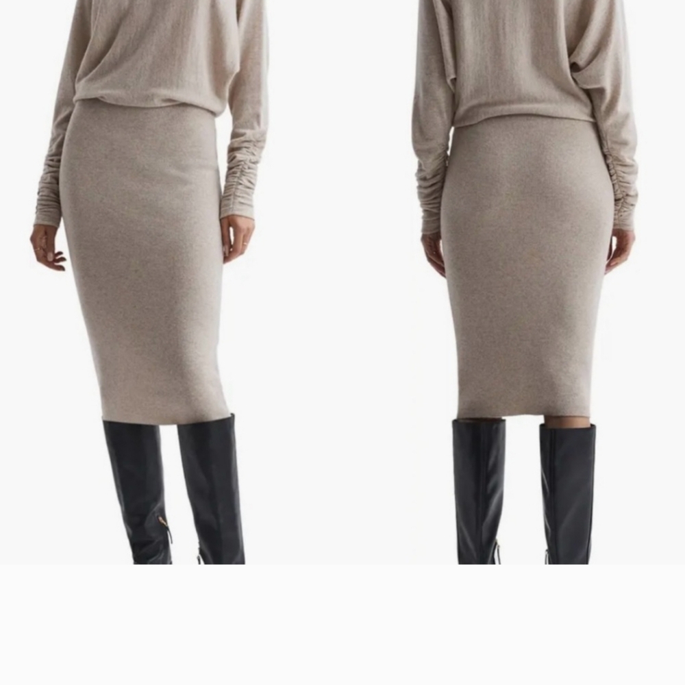REISS Leila Ruched Sleeve Midi Dress in neutral, size L EUC, worn twice! - Picture 2 of 5